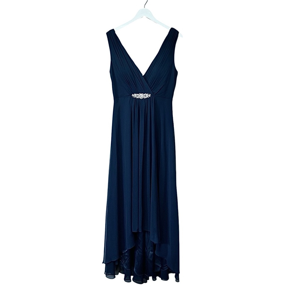 Eliza J High-Low Chiffon Gown V-Neck, Sleeveless, Navy Blue,‎ Size 10 - Picture 3 of 13